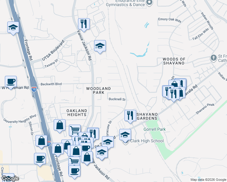 map of restaurants, bars, coffee shops, grocery stores, and more near 4826 Wesleyan Street in San Antonio