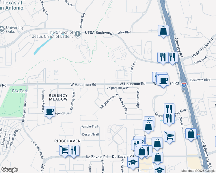 map of restaurants, bars, coffee shops, grocery stores, and more near 6051 Valparaiso Way in San Antonio