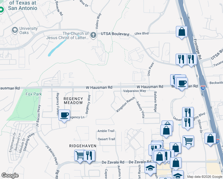 map of restaurants, bars, coffee shops, grocery stores, and more near 6127 Valparaiso Way in San Antonio