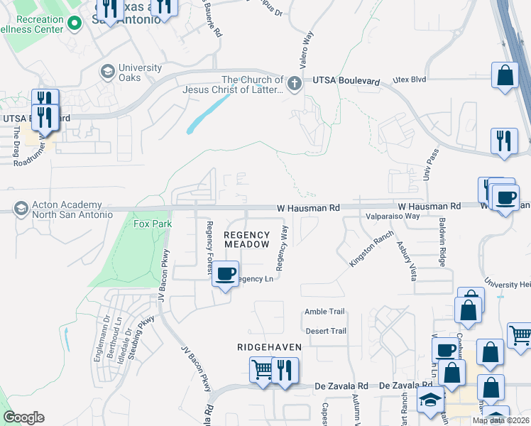 map of restaurants, bars, coffee shops, grocery stores, and more near 6335 Regency Wood in San Antonio