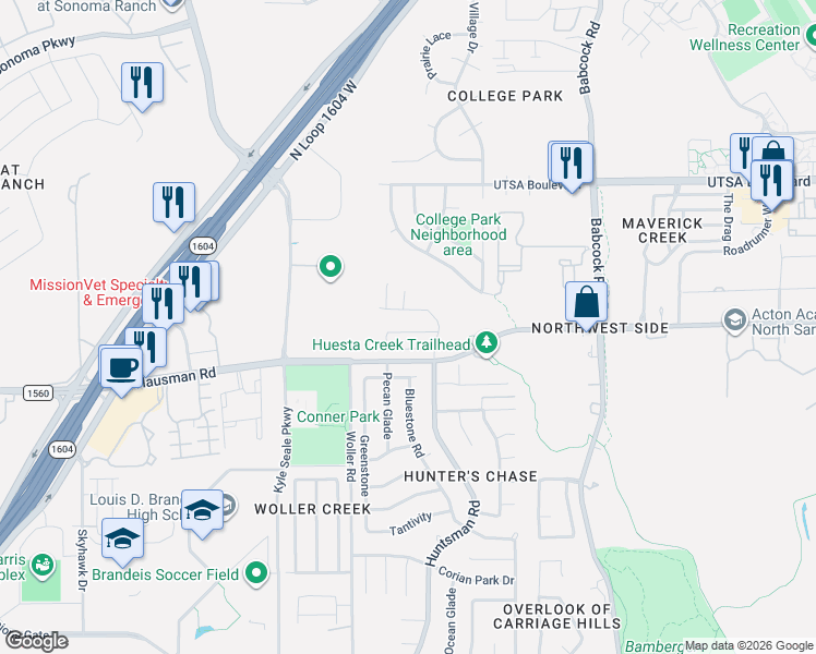 map of restaurants, bars, coffee shops, grocery stores, and more near 7706 Nature Pass in San Antonio
