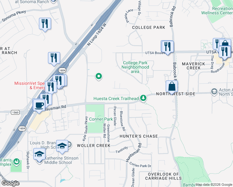 map of restaurants, bars, coffee shops, grocery stores, and more near 7750 Nature Pass in San Antonio