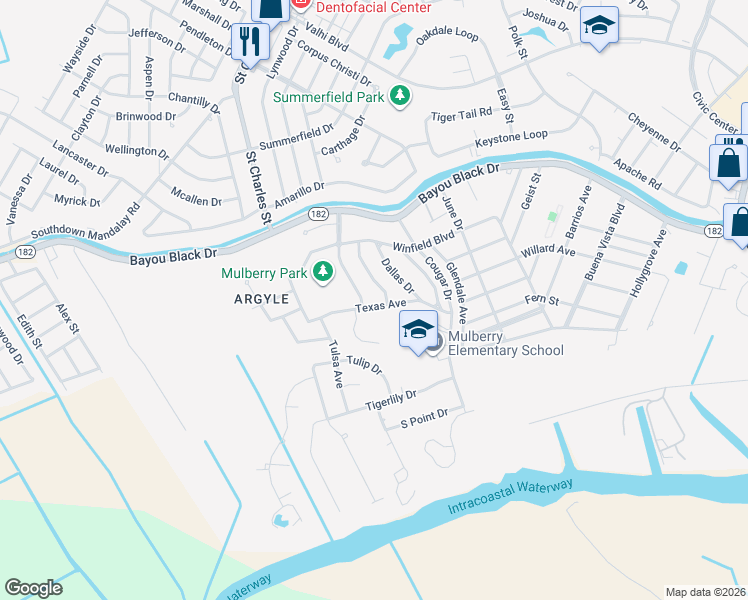 map of restaurants, bars, coffee shops, grocery stores, and more near 16 Houston Avenue in Houma