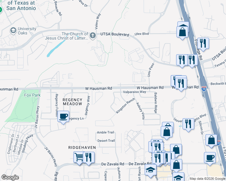 map of restaurants, bars, coffee shops, grocery stores, and more near 6127 Valparaiso Way in San Antonio