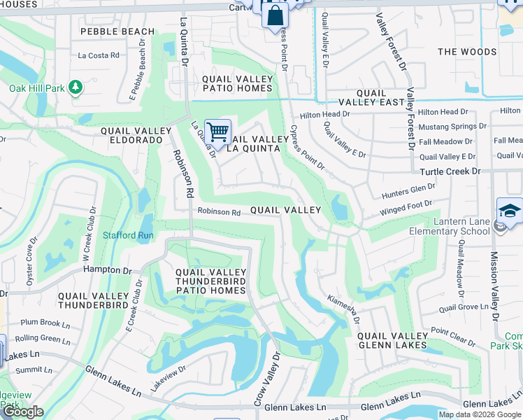map of restaurants, bars, coffee shops, grocery stores, and more near 3135 Robinson Road in Missouri City