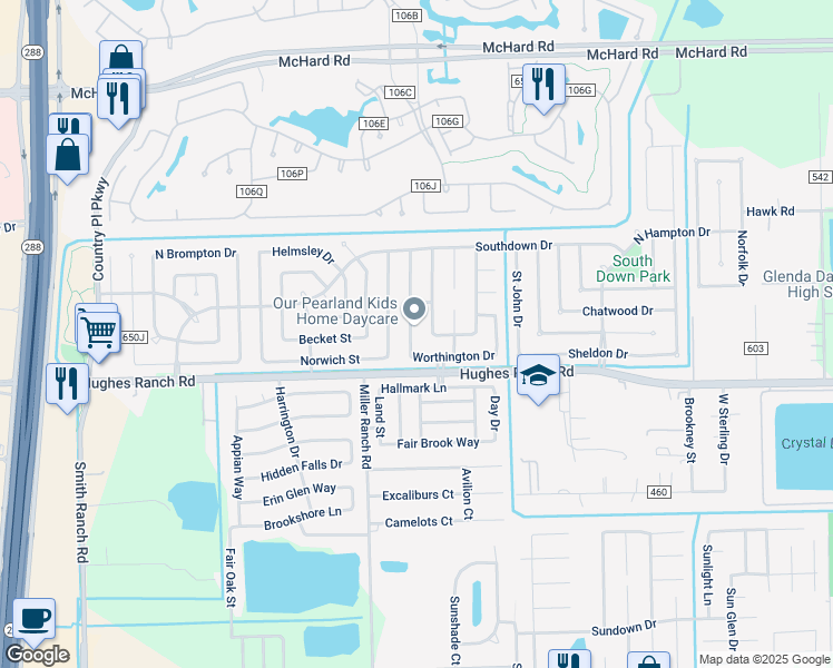 map of restaurants, bars, coffee shops, grocery stores, and more near 1118 Beckton Lane in Pearland