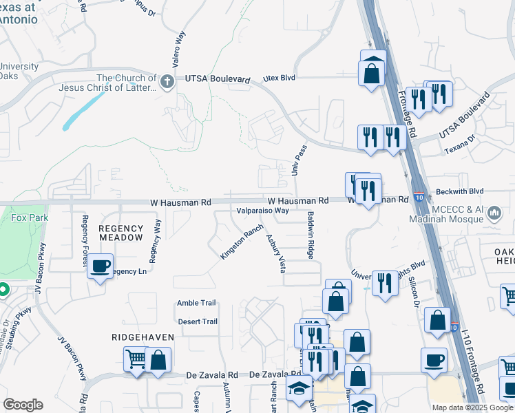 map of restaurants, bars, coffee shops, grocery stores, and more near 6015 Valparaiso Way in San Antonio