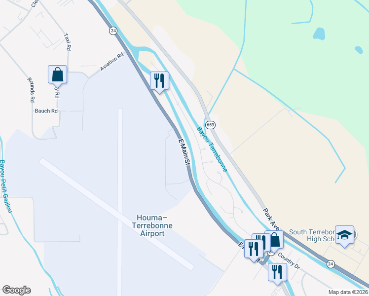 map of restaurants, bars, coffee shops, grocery stores, and more near 10192 East Main Street in Houma