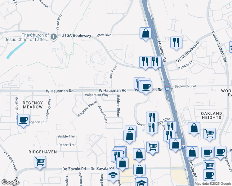 map of restaurants, bars, coffee shops, grocery stores, and more near 5815 Valparaiso Way in San Antonio