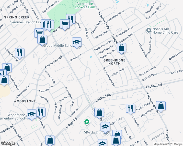 map of restaurants, bars, coffee shops, grocery stores, and more near 14442 Woods Hole Drive in San Antonio