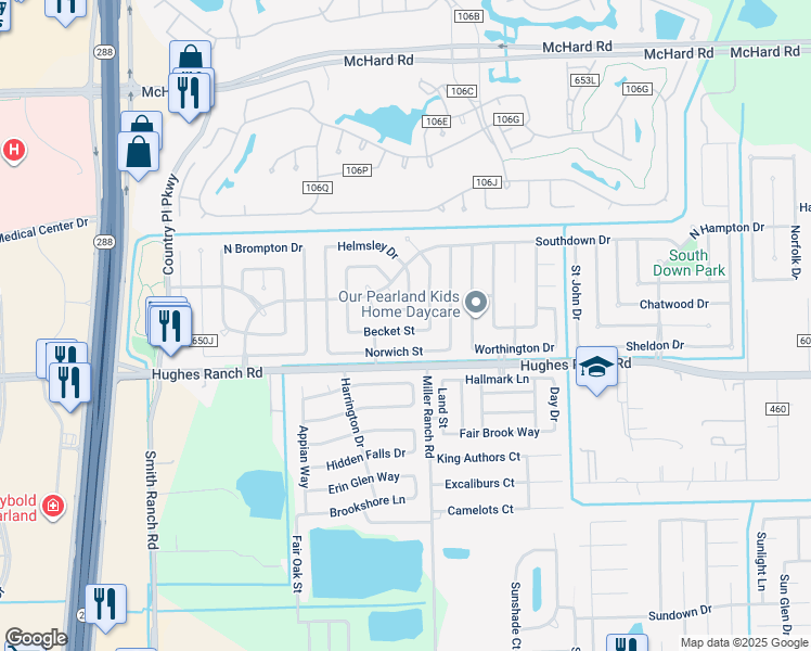 map of restaurants, bars, coffee shops, grocery stores, and more near 3046 Sherborne Street in Pearland