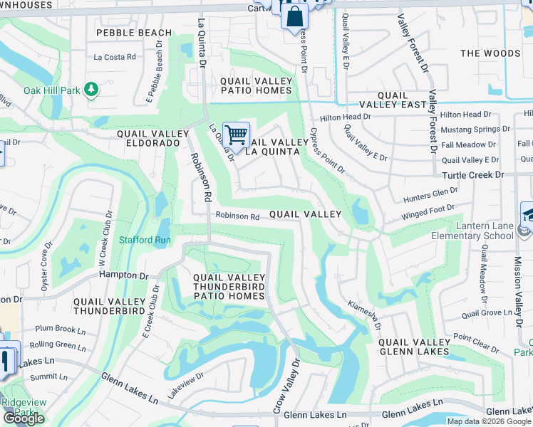 map of restaurants, bars, coffee shops, grocery stores, and more near 3135 Robinson Road in Missouri City