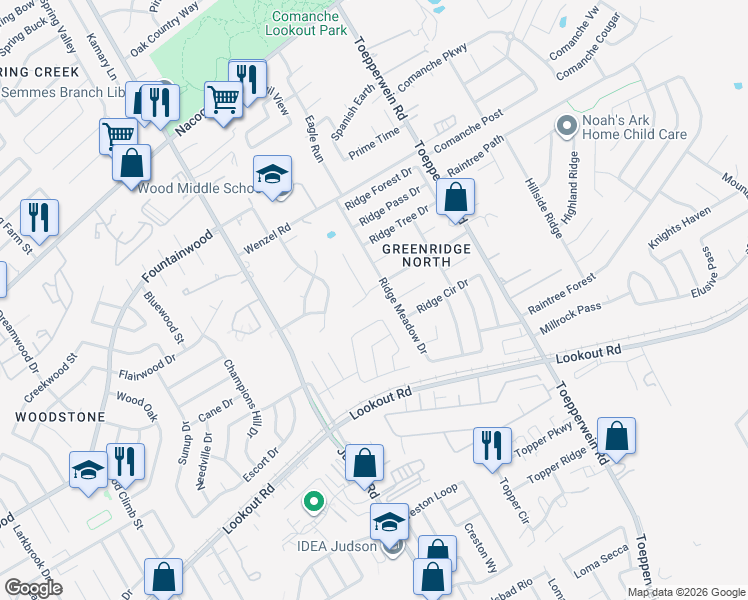 map of restaurants, bars, coffee shops, grocery stores, and more near 6334 Green Top Drive in San Antonio