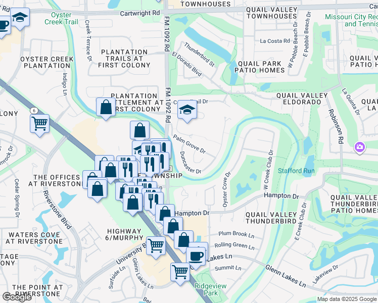 map of restaurants, bars, coffee shops, grocery stores, and more near 3611 Palm Grove Drive in Missouri City