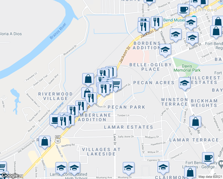 map of restaurants, bars, coffee shops, grocery stores, and more near 5182 Avenue H in Rosenberg