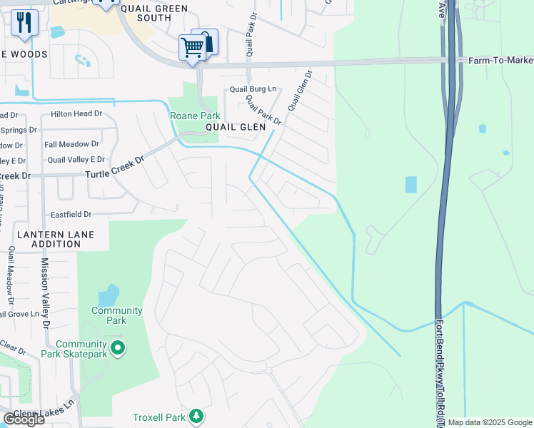 map of restaurants, bars, coffee shops, grocery stores, and more near 17411 Edgehaven Drive in Missouri City
