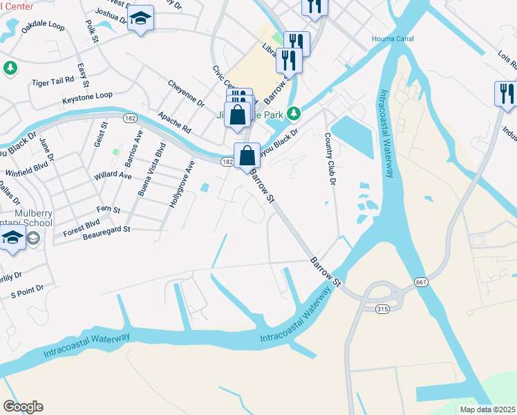map of restaurants, bars, coffee shops, grocery stores, and more near 3166 State Route 315 in Houma