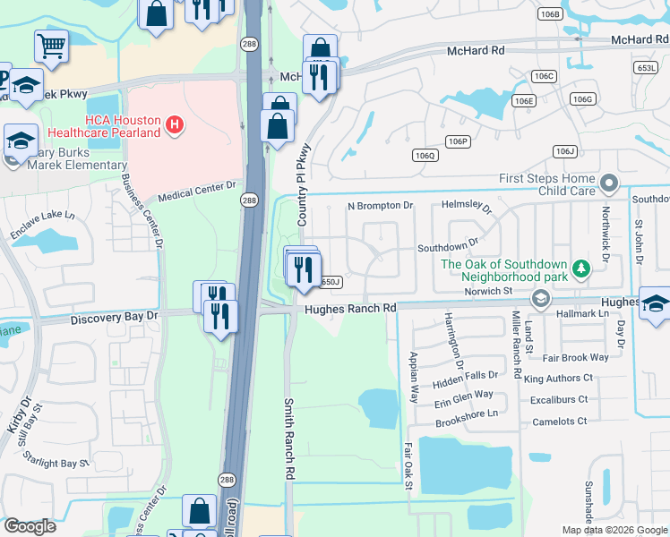 map of restaurants, bars, coffee shops, grocery stores, and more near 1122 West Belgravia Drive in Pearland