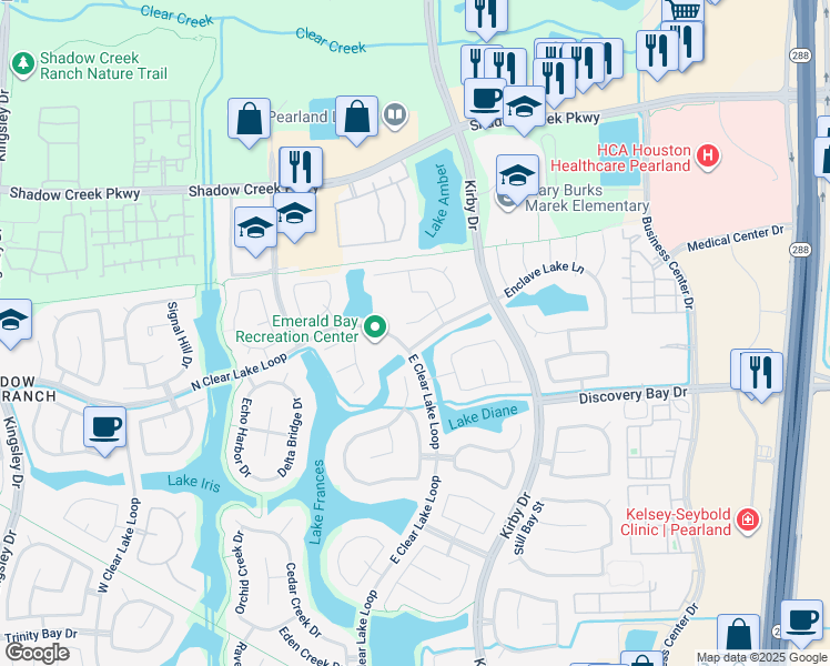 map of restaurants, bars, coffee shops, grocery stores, and more near 11710 Sterling Brook Street in Pearland