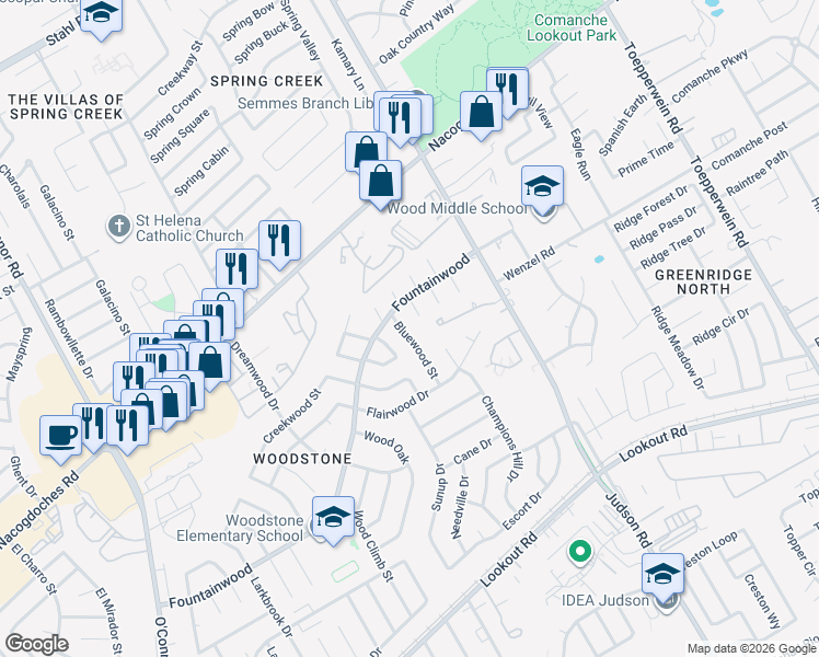 map of restaurants, bars, coffee shops, grocery stores, and more near 14407 Allwood Street in San Antonio