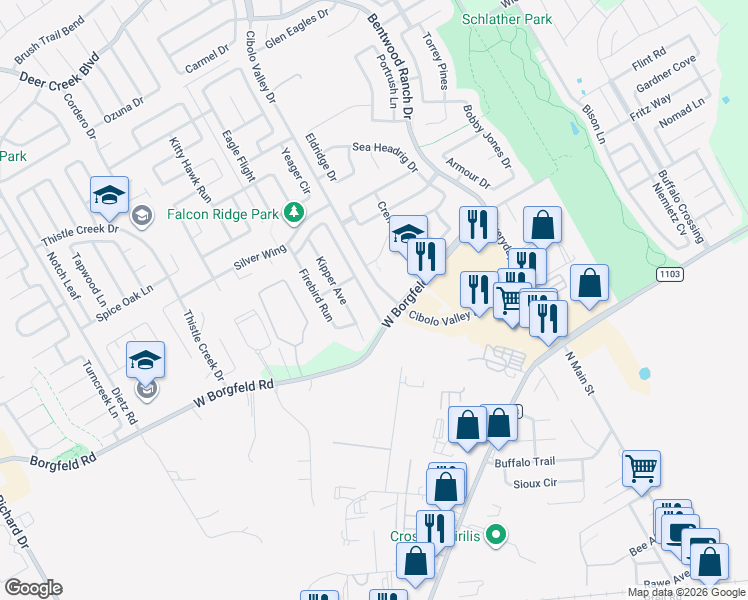 map of restaurants, bars, coffee shops, grocery stores, and more near 237 Crimson Tree in Cibolo