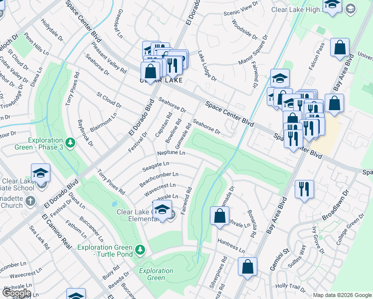 map of restaurants, bars, coffee shops, grocery stores, and more near 1635 Neptune Lane in Houston