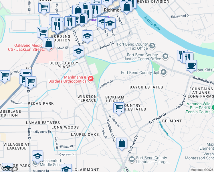 map of restaurants, bars, coffee shops, grocery stores, and more near 903 Hillcrest Drive in Richmond