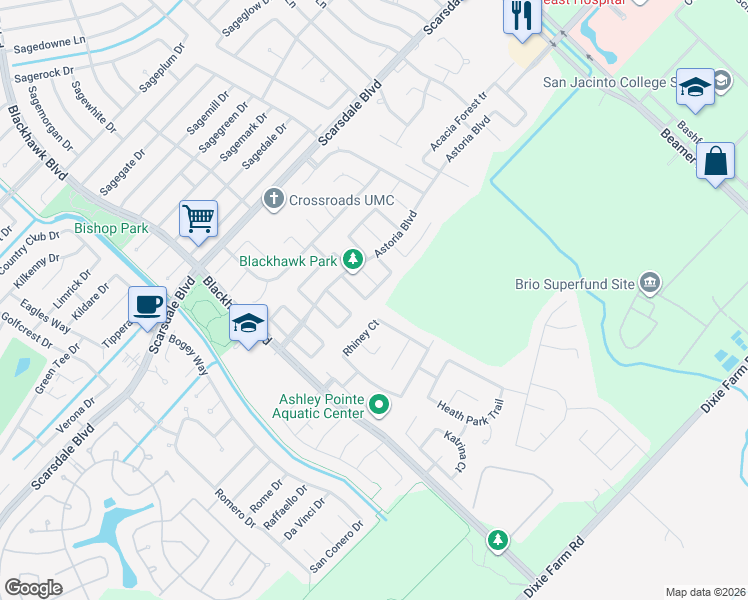 map of restaurants, bars, coffee shops, grocery stores, and more near 12131 Falls Coppice Lane in Houston
