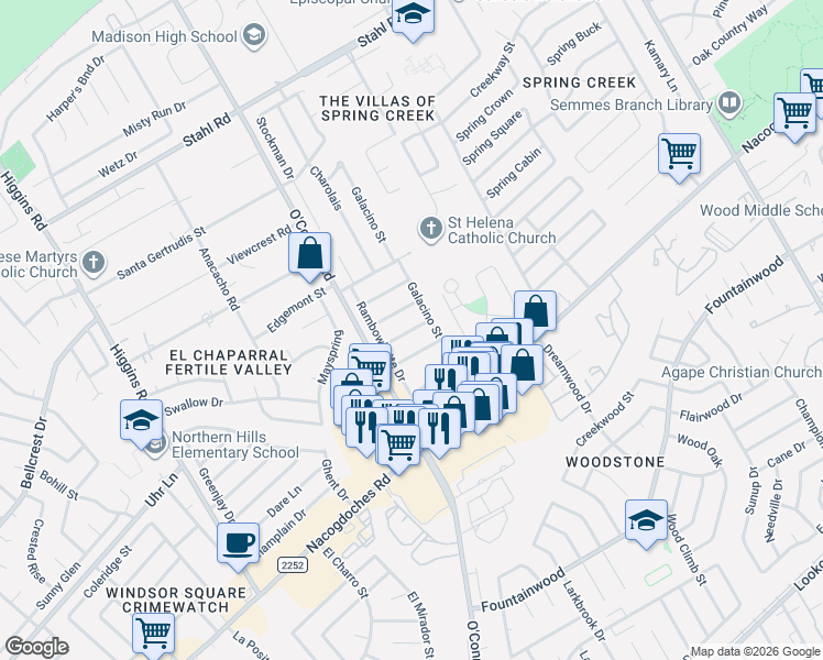map of restaurants, bars, coffee shops, grocery stores, and more near 14331 Brangus Street in San Antonio