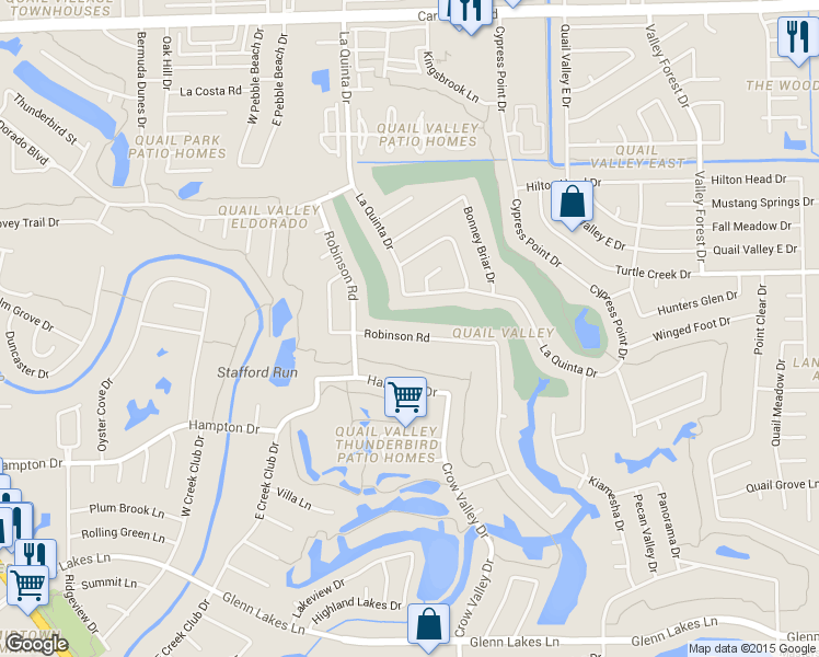 map of restaurants, bars, coffee shops, grocery stores, and more near 3119 Robinson Road in Missouri City