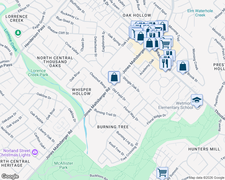 map of restaurants, bars, coffee shops, grocery stores, and more near 14416 Jones Maltsberger Road in San Antonio