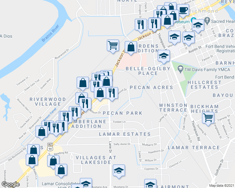 map of restaurants, bars, coffee shops, grocery stores, and more near 1213 Westwood Drive in Rosenberg