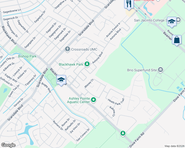 map of restaurants, bars, coffee shops, grocery stores, and more near 12131 Falls Coppice Lane in Houston