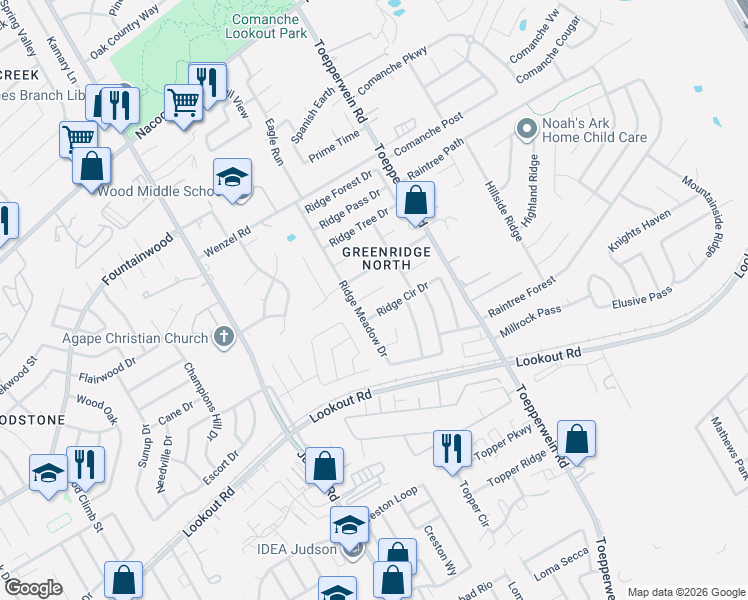 map of restaurants, bars, coffee shops, grocery stores, and more near 6411 Green Apple Drive in San Antonio