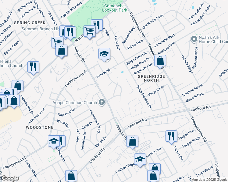 map of restaurants, bars, coffee shops, grocery stores, and more near 14419 Waddesdon Bluff in San Antonio