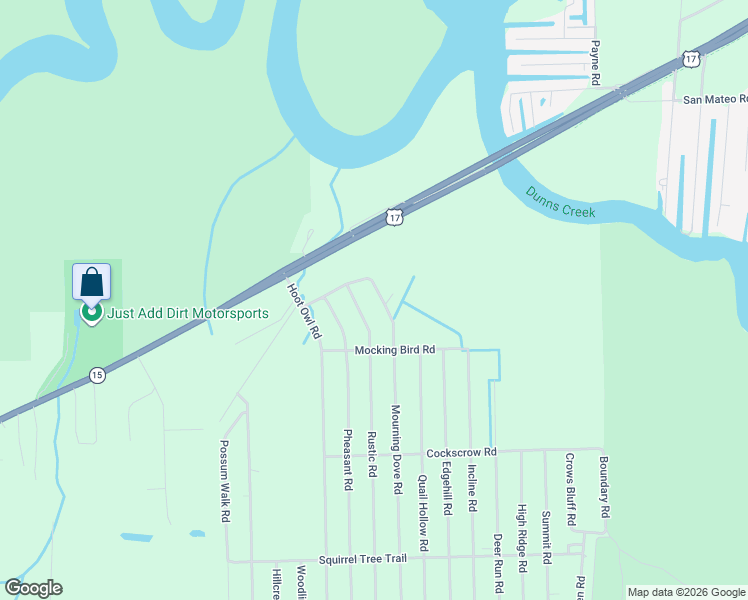 map of restaurants, bars, coffee shops, grocery stores, and more near 109 Mourning Dove Road in Satsuma