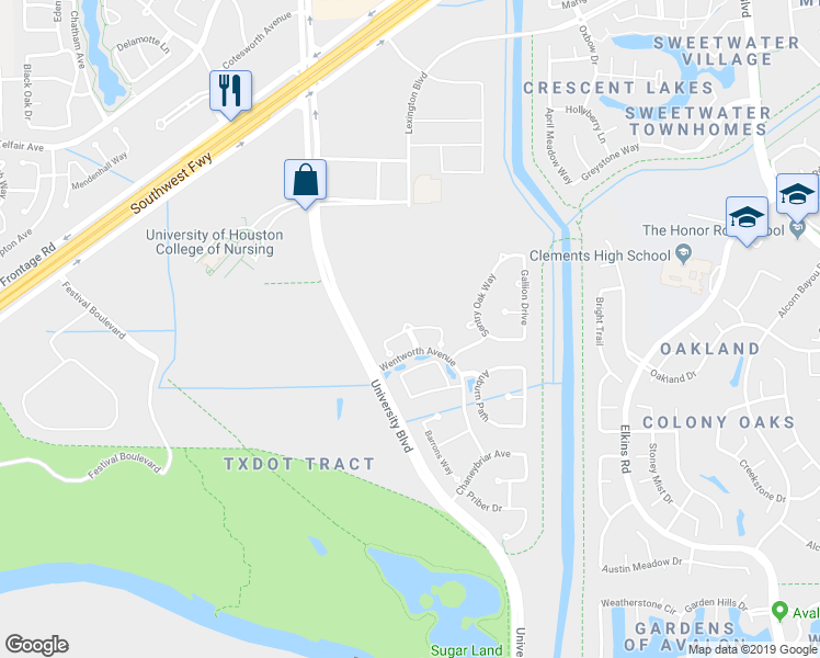map of restaurants, bars, coffee shops, grocery stores, and more near Burclare Court in Sugar Land