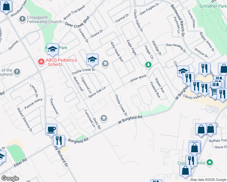 map of restaurants, bars, coffee shops, grocery stores, and more near 217 Silver Wing in Cibolo