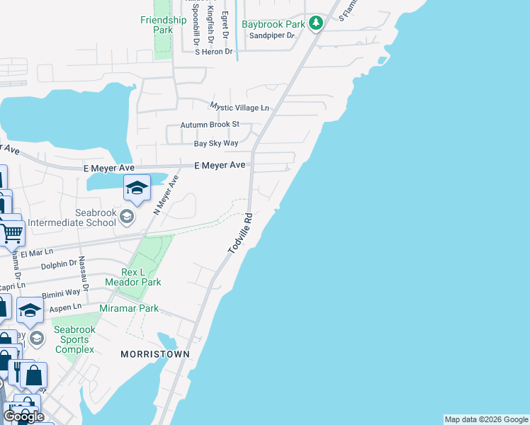 map of restaurants, bars, coffee shops, grocery stores, and more near 3010 Todville Road in Seabrook