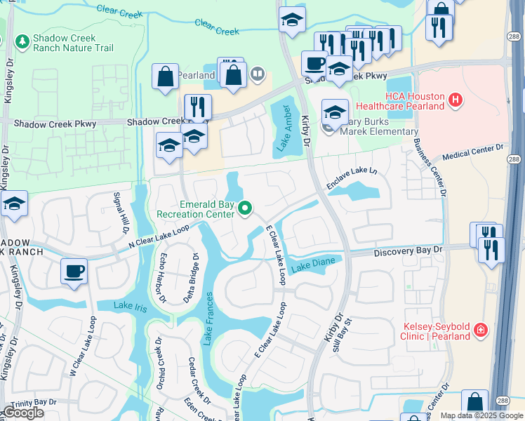 map of restaurants, bars, coffee shops, grocery stores, and more near 11710 Sterling Brook Street in Pearland