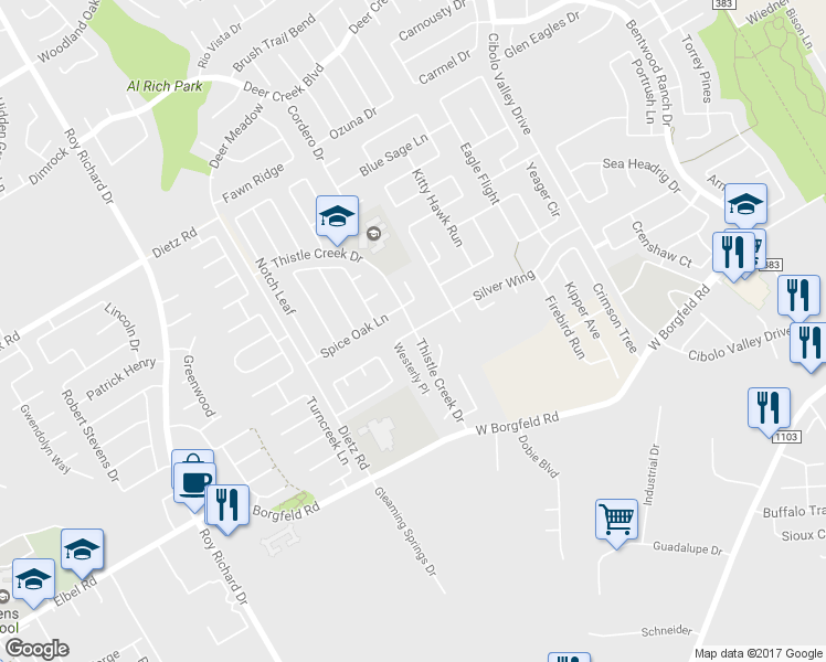 map of restaurants, bars, coffee shops, grocery stores, and more near 200 Silver Wing in Cibolo