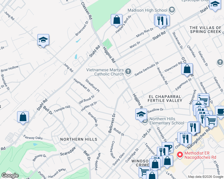 map of restaurants, bars, coffee shops, grocery stores, and more near 4543 Sherwood Way in San Antonio