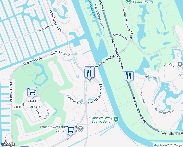 map of restaurants, bars, coffee shops, grocery stores, and more near 100 Palm Harbor Parkway in Palm Coast