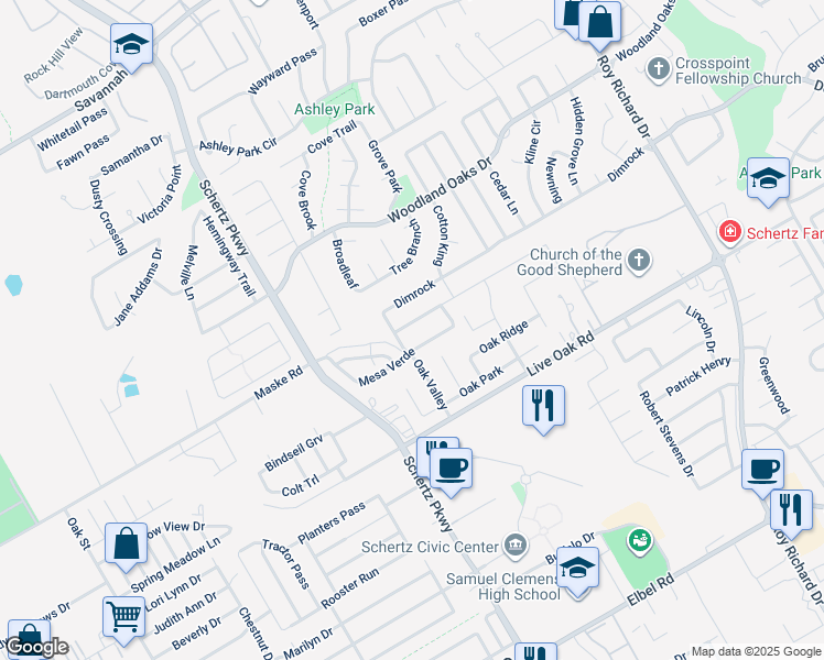 map of restaurants, bars, coffee shops, grocery stores, and more near 816 Water Oak in Schertz