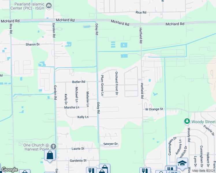 map of restaurants, bars, coffee shops, grocery stores, and more near 6012 Village Grove Drive in Pearland