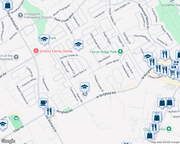 map of restaurants, bars, coffee shops, grocery stores, and more near 112 Silver Wing in Cibolo
