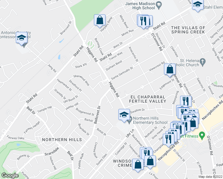 map of restaurants, bars, coffee shops, grocery stores, and more near 4703 Saddle Ridge Drive in San Antonio
