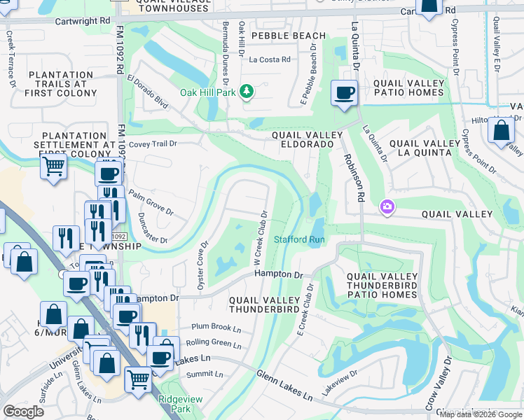 map of restaurants, bars, coffee shops, grocery stores, and more near 3314 High Pine Drive in Missouri City