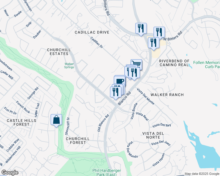 map of restaurants, bars, coffee shops, grocery stores, and more near 14215 Cavalcade Street in San Antonio