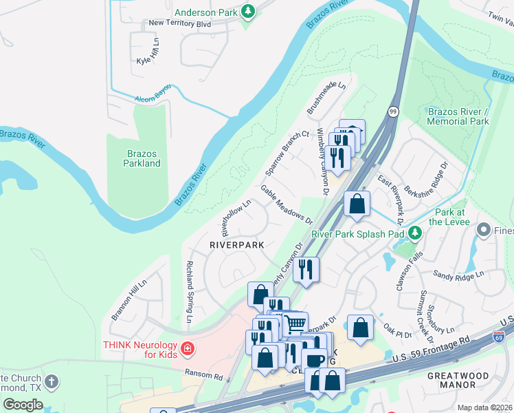 map of restaurants, bars, coffee shops, grocery stores, and more near 2514 Willow Springs Lane in Sugar Land